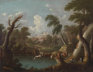 Bergige Landschaft mit trinkendem Vieh an einem Tümpel